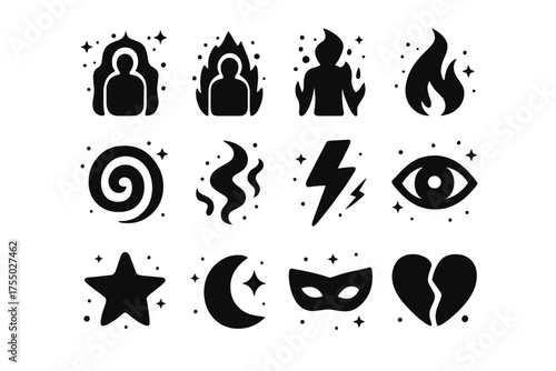 Aura Icon Grid. Aura contrasts. Solid icons set of Aura contrasts: light aura, dark aura, shadow figure, flame, spiral, smoke, lightning, eye, star, moon,