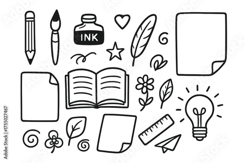 Art Supplies Icons. Drawing pages. Hand-drawn doodle illustration drawing pages pencil, paintbrush, ink bottle, quill, open book, star, heart, swirl, flower,