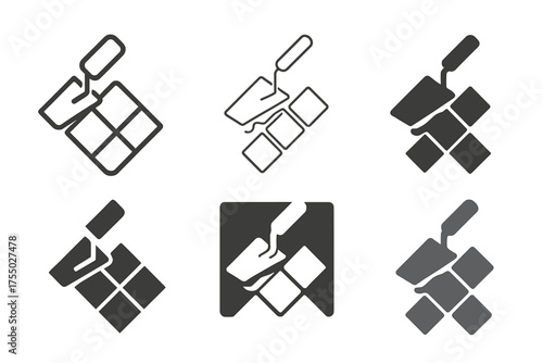 Bathroom Tiling Logo Variations. Tiling a Bathroom Floor. Set Logo of Tiling a Bathroom Floor: stylized tile and trowel icon. harmonious logo variations of the