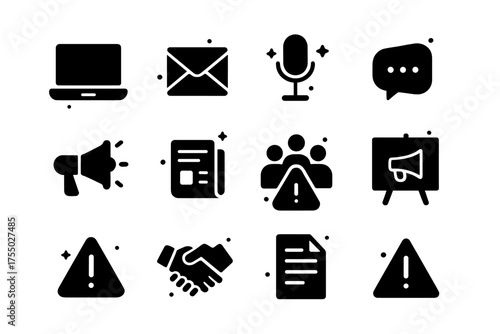 Public Relations Icons. Public Relations. Solid icons set of Public Relations: laptop, email, microphone, speech bubble, megaphone, newspaper, team,