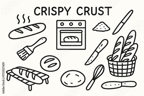 Crispy Baguette Illustration. Crispy Crust. Hand-drawn doodle illustration Crispy Crust baguette oven steam brush flour scoring knife cooling rack basket dough