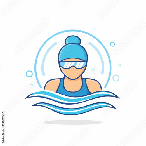 Illustration of a swimmer in a blue swimsuit and cap, wearing goggles, in the water.