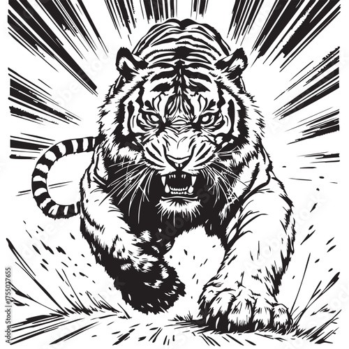 Fierce Charging Tiger Vector — Black and White Illustration of Aggressive Predator in Motion with Radiating Lines and Open Mouth