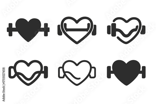 Pregnancy Workout Logos. Pregnancy Workout. Set Logo of Pregnancy Workout: dumbbell with heart. harmonious logo variations of the same emblematic concept, each