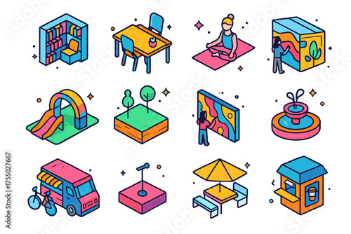 Flexible Urban Icons. Flexible Architecture. Colorful isometric vector icons set of flexible architecture: library corner, coworking desk, yoga area,