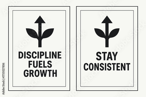 Discipline and Consistency Banners. Motivation. Two vertical A6 banners with safe margins, centered composition, no elements touching edges, flat vector