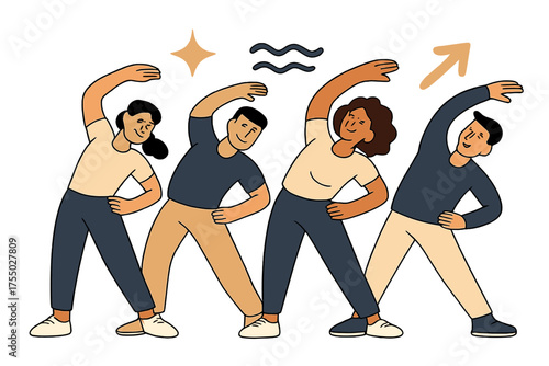 Dynamic Team Warm-Up. Group warm-up. Glowing team stretching together in synchronized side bends. Floating icons of sparkle, wave, and arrow symbolizing unity.