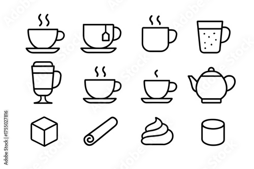 Hot Beverages Icon Set. Hot beverages. Line icon set of Hot beverages: coffee cup, tea cup, mug, cocoa, latte, cappuccino, espresso, teapot, sugar cube,