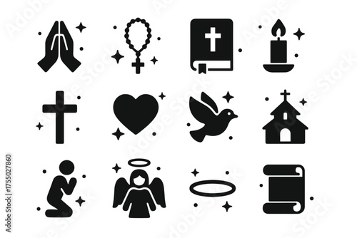 Icons of Faith. Faith & Devotion. Solid icons set of Faith & Devotion: praying hands, rosary, Bible, candle, cross, heart, dove, church, kneeling figure,