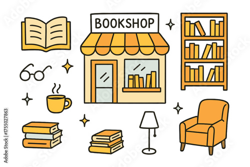 Colorful Bookshop Doodle. Bookshop. Hand-drawn doodle illustration bookstore building (colored), open book (colored), bookshelf (colored), sparkle, star,