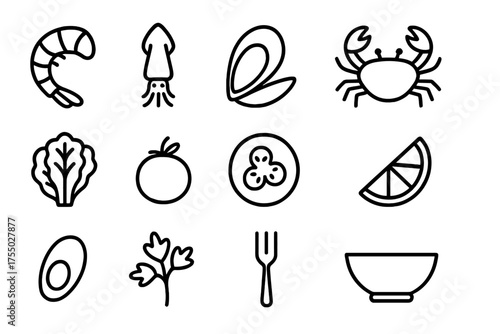 Seafood Platter Icons. Seafood platter salad. Line icon set of Seafood platter salad: shrimp, squid, mussel, crab, lettuce, cherry tomato, cucumber slice,