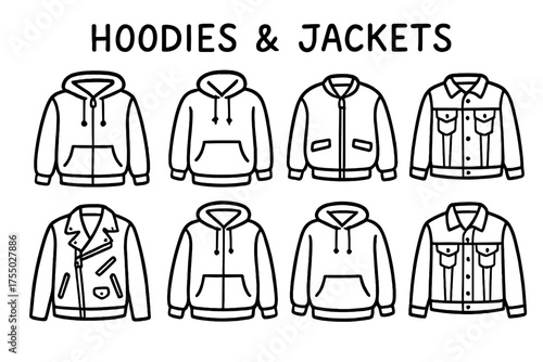 Hoodie and Jacket Doodles. Hoodies & Jackets. Hand-drawn doodle illustration Hoodies & Jackets zip hoodie pullover bomber denim leather patch pocket zipper