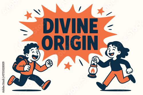 Divine Origin Adventure. Divine Origin banner, flat vector illustration, bold oversized text inside splash explosion, cartoon characters running and laughing,