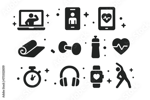 Virtual Fitness Icons. Virtual fitness. Solid icons set of Virtual fitness: laptop, smartphone, tablet, fitness app, yoga mat, dumbbell, water bottle, heart