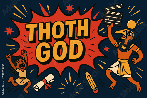 Thoth Celebration Explosion. Thoth God banner, splash explosion, bold oversized text inside banner, cartoon characters jumping and shouting with a clapper