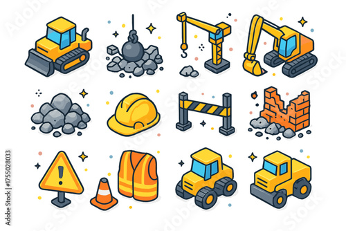 Colorful Demolition Icons. Demolition site. Colorful isometric vector icons set of demolition site: bulldozer, wrecking debris, crane, excavator, rubble pile,