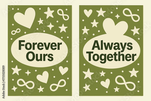 Memphis Style Banners. Inspiration. Two vertical A6 banners with safe margins, centered composition, no elements touching edges, memphis style, olive green and
