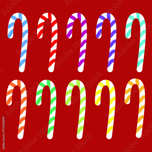 Vibrant Striped Candy Canes on Red Background