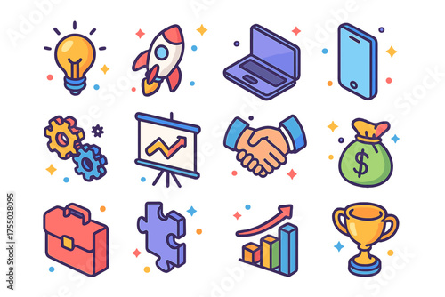 Innovation Icons Grid. Entrepreneurship and Innovation. Colorful isometric vector icons set of entrepreneurship and innovation: light bulb, rocket, laptop,