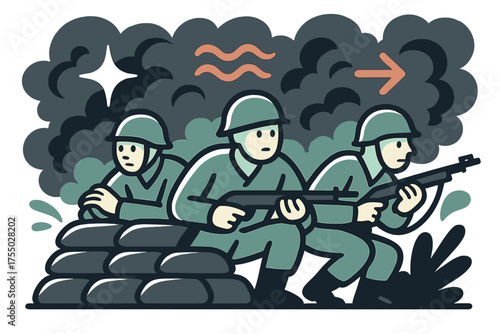 Tense Soldiers Awaiting. Tense pause. Glowing figures of soldiers waiting silently behind sandbags, sky filled with smoke swirls. Floating icons of sparkle,