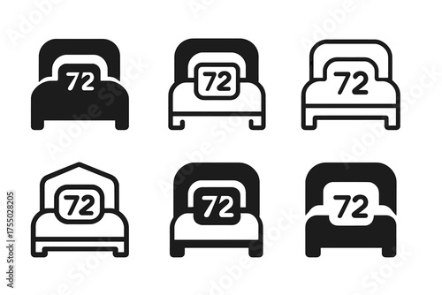 Thermostat Logo Variations. Adjusting the thermostat before bed. Set Logo of Adjusting the thermostat before bed: Bed silhouette with integrated digital