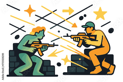 Dynamic Combat Scenery. Crossfire. Glowing combatants crouching behind stone walls while abstract bullet trails cross the air. Floating icons of sparkle,