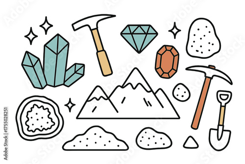 Colorful Mineral Doodles. Rocks & Minerals. Hand-drawn doodle illustration crystal (colored), rock hammer, diamond (colored), geode, gemstone (colored),