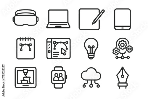 Future Tech Icons. Future collaboration. Line icon set of Future collaboration: VR headset, laptop, tablet, stylus, sketchpad, design software, light bulb, 3D