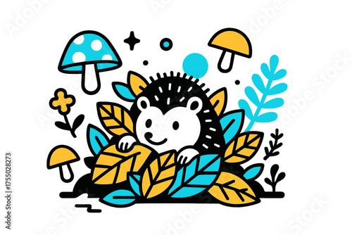 Hedgehog in Leaf Piles. Hedgehog Hideout. Hedgehog peeking out of leaf piles, floating abstract mushrooms and forest accents, cozy playful scene. Modern