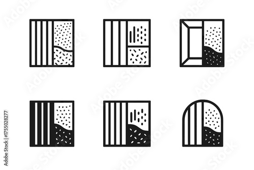 Layered Design Logos. Layering textures and patterns in room designs. Set Logo of Layering textures and patterns in room designs: Accent wall with wood slats