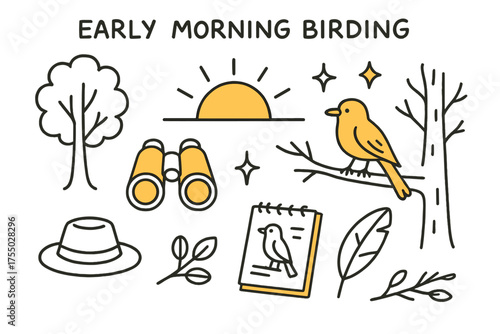 Sunrise Birdwatching Doodles. Early Morning Birding. Hand-drawn doodle illustration sunrise (colored), binoculars (colored), bird (colored), tree, sparkle,