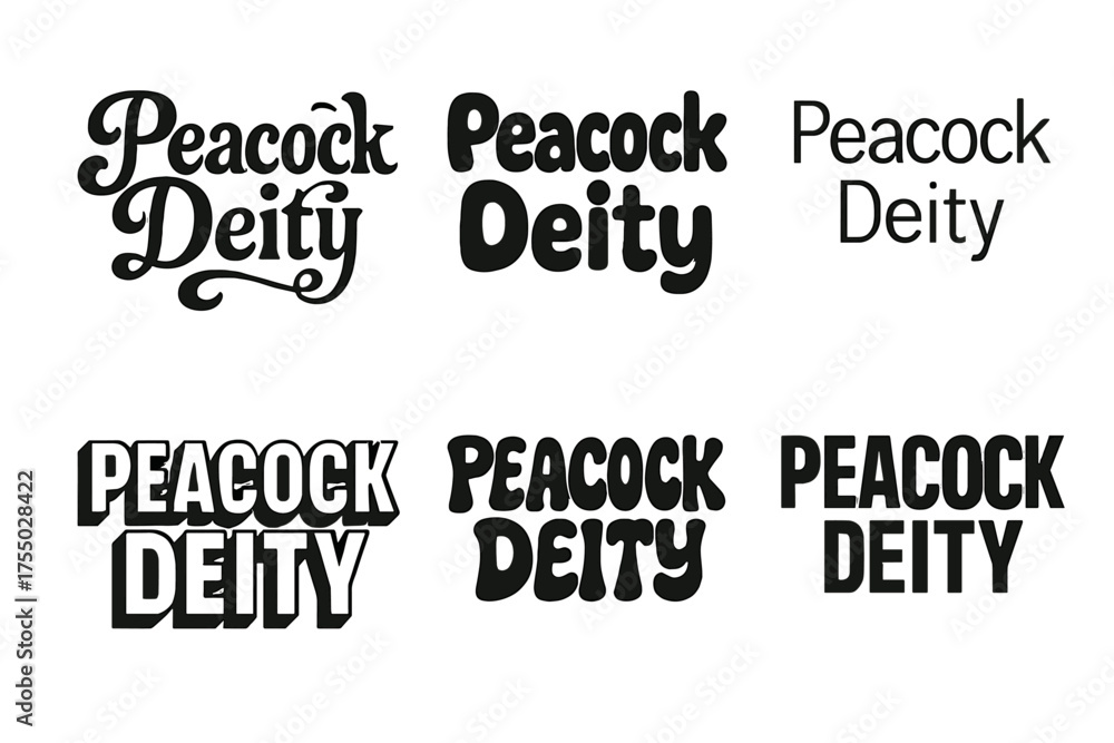 Obraz premium Peacock Deity Lettering. Peacock Deity. Set lettering. harmonious lettering variations of the same emblematic concept (Whimsical curly type with flourishes,