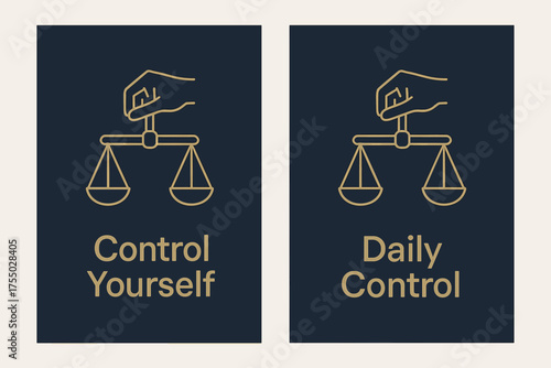 Balance and Discipline. Discipline. Two vertical A6 banners with safe margins, centered composition, no elements touching edges, modern minimal, navy and gold,