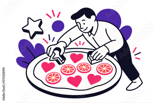 Creative Dessert Artistry. Creative desserts. A person using cookie cutters shaped like stars and hearts, glowing fruit slices arranged on dough, abstract