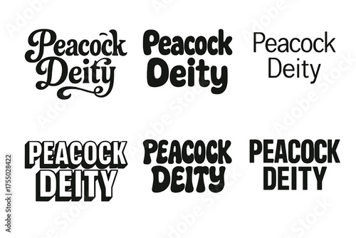 Peacock Deity Lettering. Peacock Deity. Set lettering. harmonious lettering variations of the same emblematic concept (Whimsical curly type with flourishes,