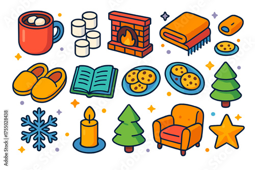 Holiday Comfort Icons. Holiday Comfort. Colorful isometric vector icons set of holiday comfort: mug of cocoa, marshmallows, fireplace, blanket, slippers, book,