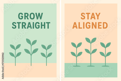 Growth Banners. Growth. Two vertical A6 banners with safe margins, centered composition, no elements touching edges, pastel style, mint and peach, sprouting