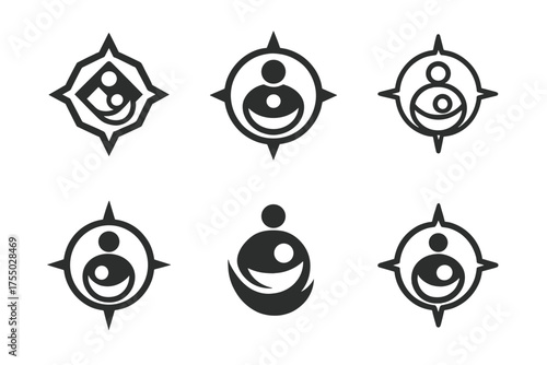 Compass and Cradle Emblem. Balancing leadership and family. Set Logo of Balancing leadership and family: Compass & Cradle. harmonious logo variations of the