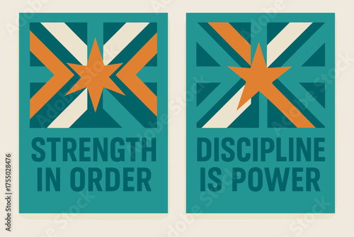 Turquoise and Orange Banners. Determination. Two vertical A6 banners with safe margins, centered composition, no elements touching edges, geometric style,