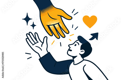 Glowing Helping Hand. # #FFFFFF #0D1B2A #1B263B #E0E1DD Helping gesture. Glowing hand reaching down toward another, fingers open with warmth. Floating icons of