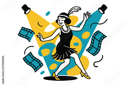 Retro Dance Glamour. Silent movie vibe. Actress in flapper dress dancing, abstract floating film strips and spotlights highlighting movement and retro glamour.