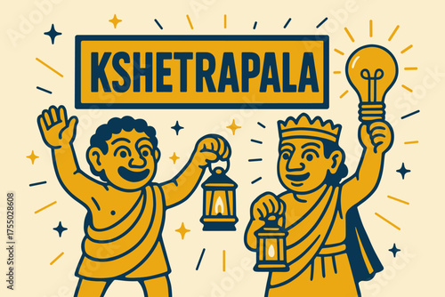 Kshetrapala Banner Illustration. Ancient Kshetrapala banner, flat vector illustration, bold oversized text inside rectangular frame, cartoon characters