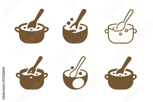 Stew Logo Variations. Making stew. Set Logo of Making stew: wooden spoon stirring. harmonious logo variations of the same emblematic concept, each with