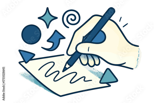 Creative Expression Unleashed. Sketch. Glowing hand holding pencil, lightly drawing lines on paper with floating shapes around. Floating icons of sparkle,