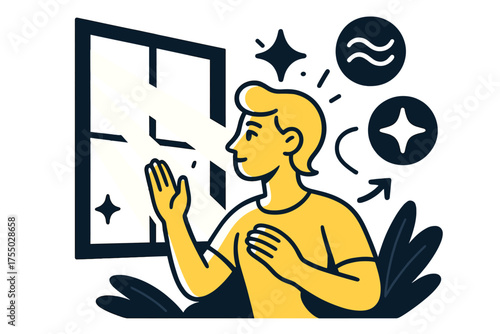Insightful Visionary Illustration. Clear vision. Glowing person gazing through a window with bright rays of light streaming in. Floating icons of sparkle,