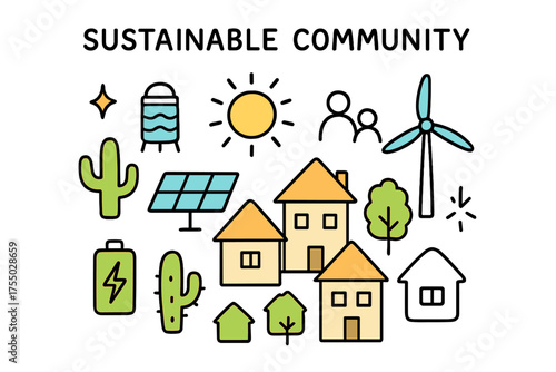 Eco-Friendly Community Doodle. Sustainable Community. Hand-drawn doodle illustration cluster of houses (colored), solar panels (colored), cactus, water tank,
