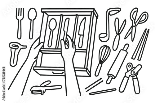 Kitchen Drawer Doodle. Sorting utensils in a kitchen drawer. Hand-drawn doodle illustration kitchen drawer fork, spoon, knife, spatula, ladle, tongs, whisk,