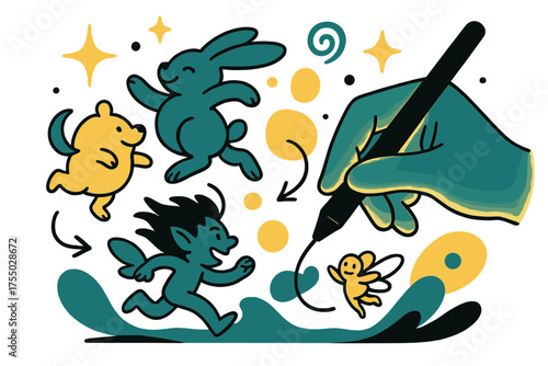 Whimsical Fantasy Sketch. Imaginative sketch. Glowing hand drawing whimsical creatures with floating abstract shapes. Floating icons of sparkle, swirl, and