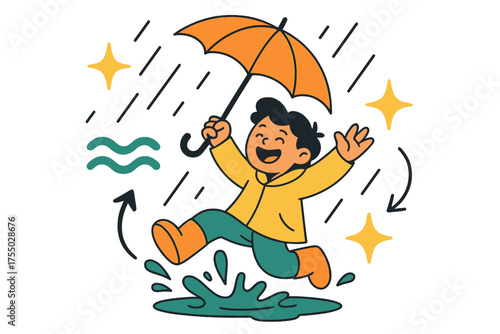 Joyful Rain Splashing. Childhood rain. Glowing child splashing in puddles, umbrella spinning joyfully overhead. Floating icons of sparkle, wave, and star