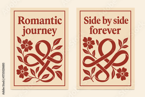 Romantic Journey Banners. Romantic journey. Two vertical A6 banners with safe margins, centered composition, no elements touching edges, retro, red and beige,